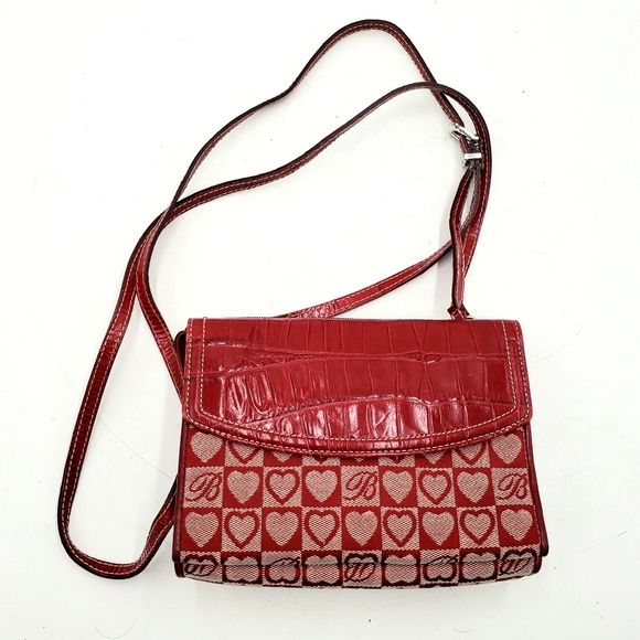 Brighton Red Heart Canvas Leather Crossbody Carry All Wallet Bag Tri Fold - Picture 3 of 16